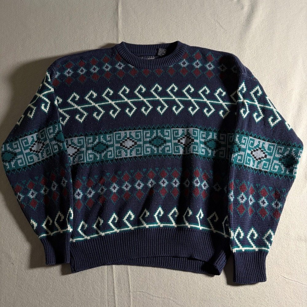 Editions by Van Heusen Vintage 90s Geometric Knit Sweater Navy‎ Blue XL
